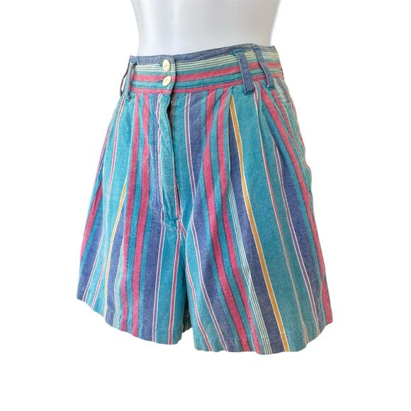 Vintage 80s Preppy Boho High Rise Pleated Cotton Stripe Bermuda Shorts XS/2 - Picture 3 of 5